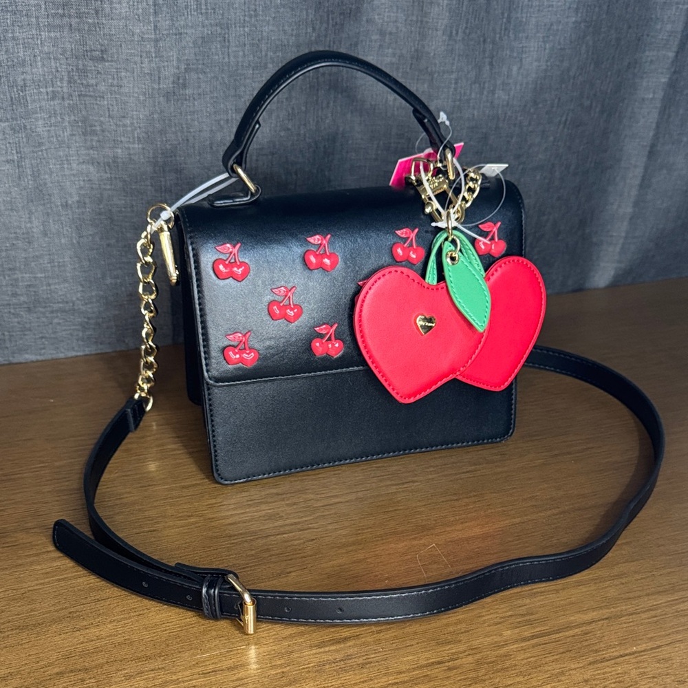 Betsey Johnson Black Crossbody Bag with Red Cherries & Heart Charms - Picture 3 of 17